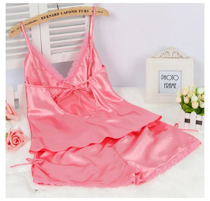 Black Pajamas Suit Lace Up Cami&shorts Set 2Pcs Satin Home Clothes Lady Sexy Lingerie Sleepwear Loungewear Plus Size 3Xl