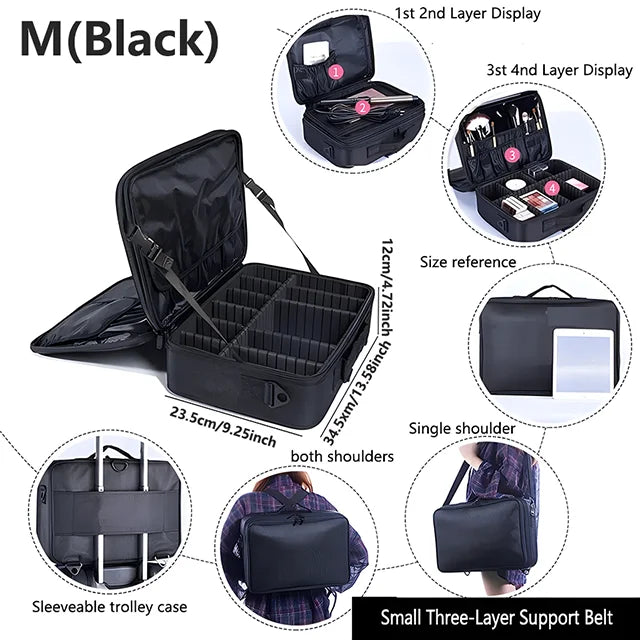 Professional Makeup Case Female Travel Big Capacity Beauty Nail ToolBox Cosmetic Organizer Suitcases For Makeup Storage Boxs M(black)