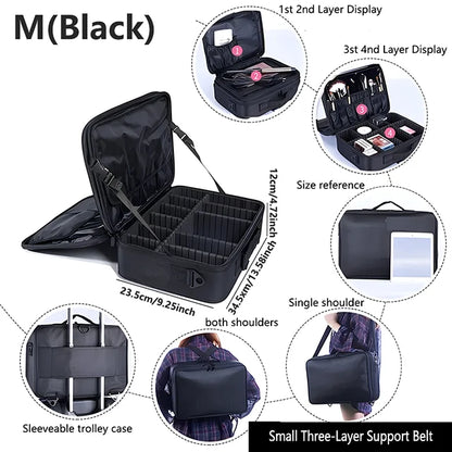 Professional Makeup Case Female Travel Big Capacity Beauty Nail ToolBox Cosmetic Organizer Suitcases For Makeup Storage Boxs M(black)