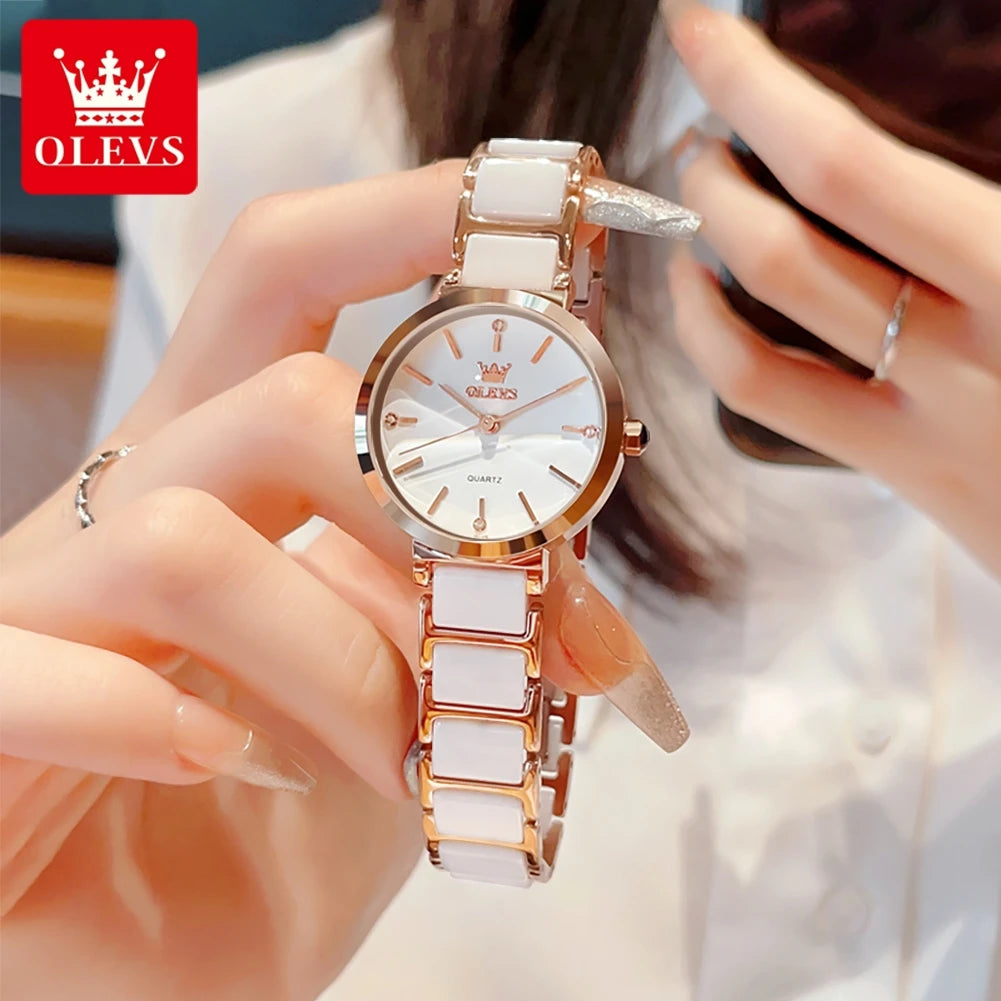 OLEVS 5877 Japan Quartz Movement Woman Watch Simple Elegant Luxury Rose Gold Ceramics Strap Waterproof Ladies Dress Wristwatch