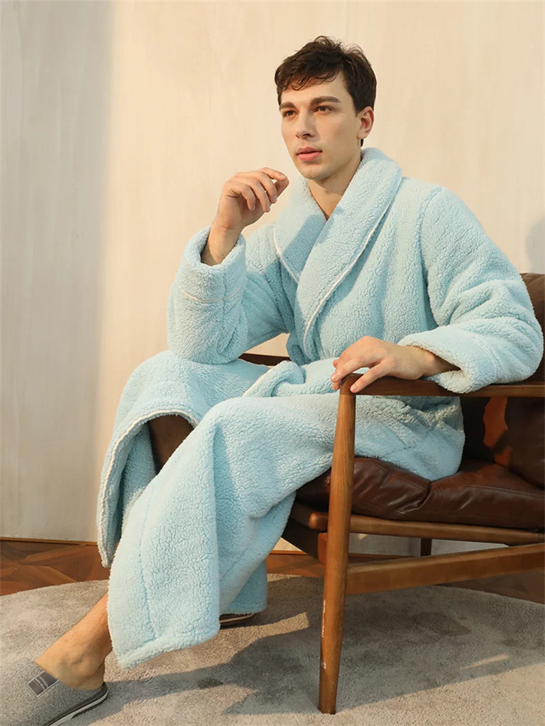 Men's Winter Bathrobe Long Sleeve Warm Turn Down Collar Man Fluffy Bath Robe With Sashes Solid Fleece Dressing Gown For Male