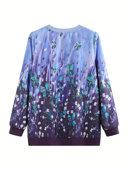 Plus Size Womens Woven Sweatshirt Purple Floral Print Fashion Style Zipper Neck Long Sleeve Top Loose Casual Wear For Spring Aut