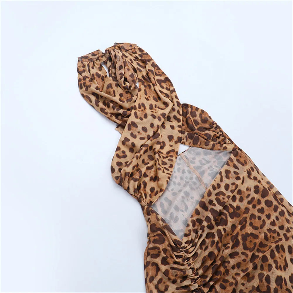 RLMABABY Leopard Hollow Out Backless Sexy Bodycon Dress Women Backless Thigh High Split Holiday Beach Party Long Maxi Dress