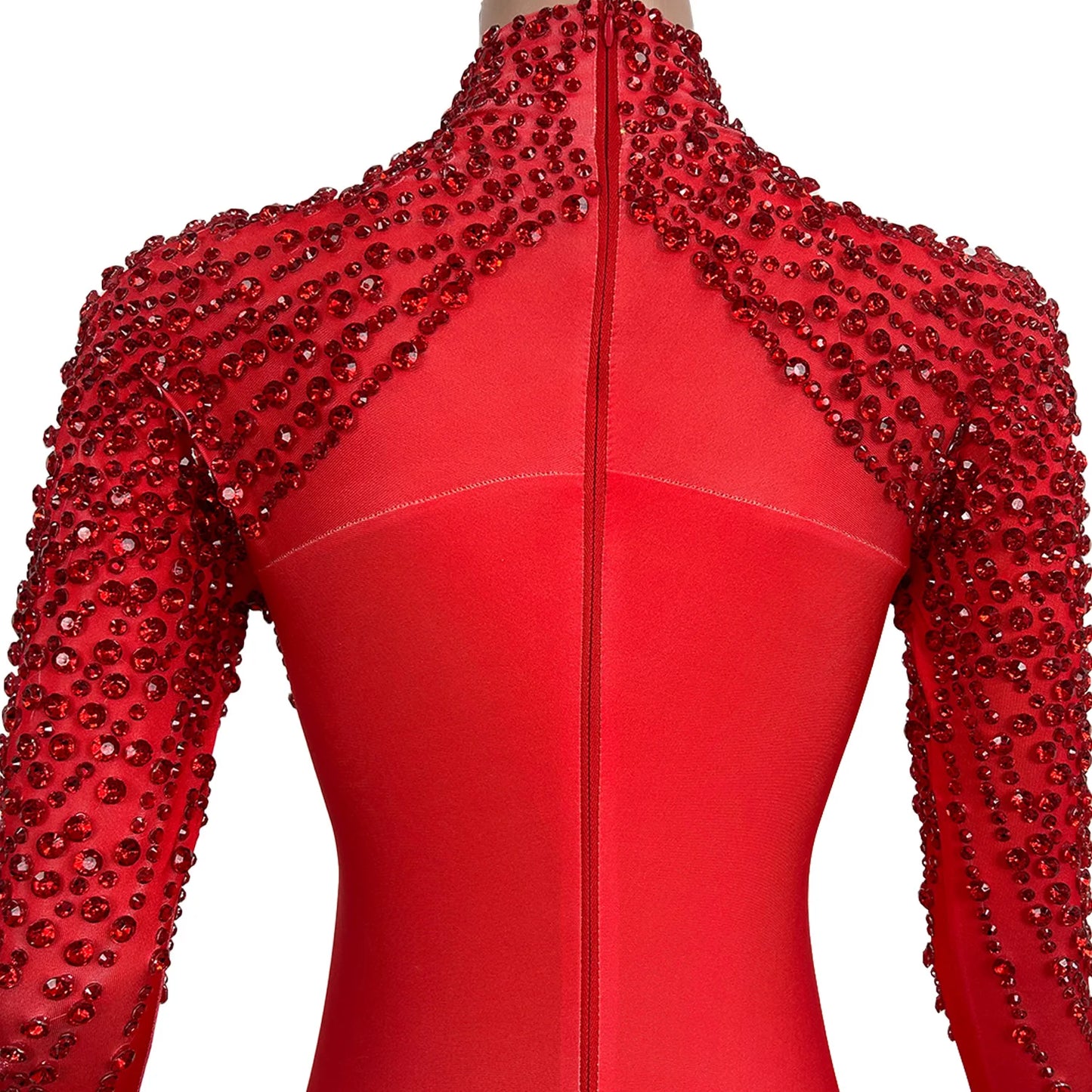 High Elasticity Large Sized Women Jumpsuit Shiny Red Shawl Rhinestone Tight Pants with Glove Acrobatic Pole Dance Costume pijian Badiee Stylez