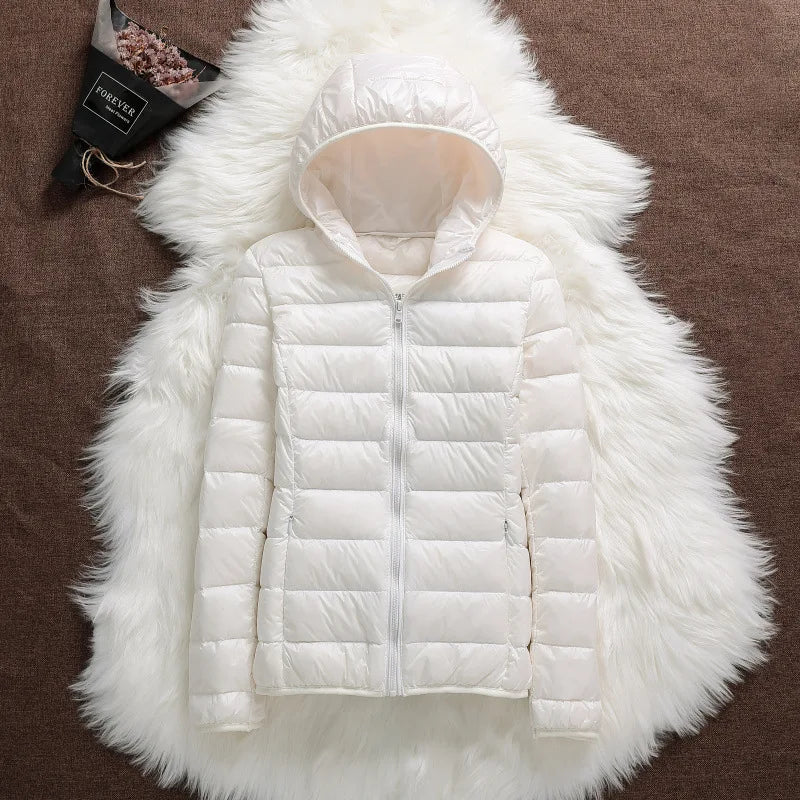 Plus Size 2023 Autumn and Winter New Women Lightweight Puffer Jacket Female Hooded Slim-fit White Duck Down Warm Short Coats WHITE