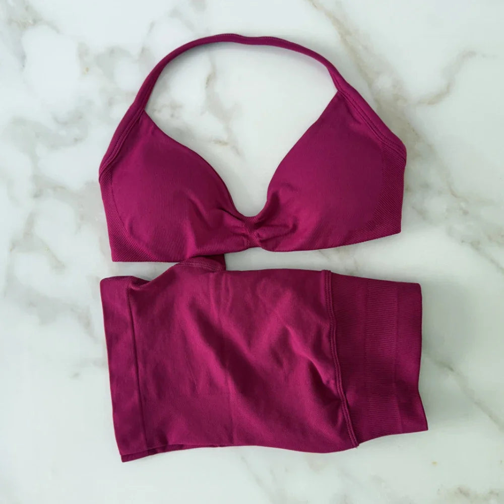 Impact Gym Set Women Two Piece Strappy Yoga Bra Top Workout Scrunch Shorts Suit Fitness Clothes Seamless Sportswear Workout Set berry