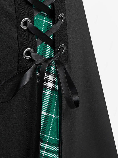 ROSEGAL Plus Size Women's Gothic Skirt Casual Plain Chain Detail High Waisted Stitching Plaid Pleated Layered Lace Up Skirts 5XL