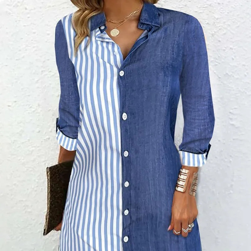 Fashion Striped Colorblock Button Dresses Women's Shirts Casual Turn-Down Collar Long Sleeve Dress Spring Summer Women Clothes