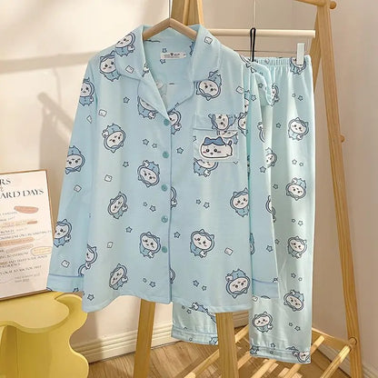 Kawaii Chiikawa Anime Pajamas Cartoon Usagi Hachiware Cute Girls Long Sleeves Long Pants Spring Autumn Student Home Clothes Set E