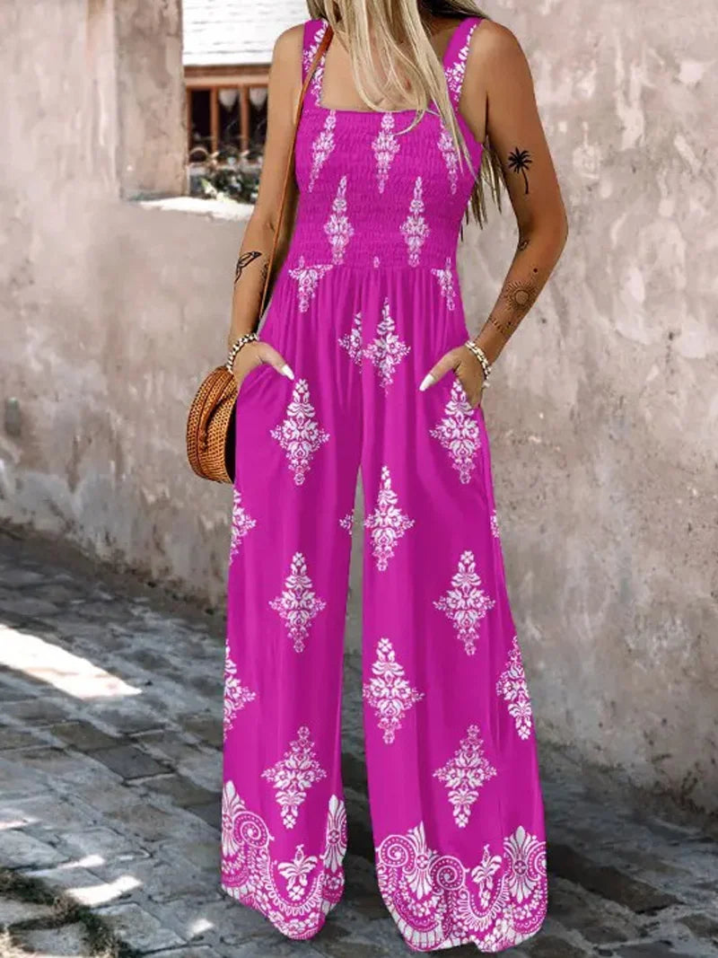 2025 Summer Female Jumpsuits with Pockets Fashion Printing Wide Legs High Waist Women's Rompers Sleeveless Strap Pants Trousers Badiee Stylez