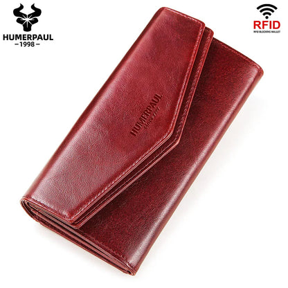 HUMERPAUL Women' s Wallet Top Layer Leather Long Cell Phone Bag with RFID Card Holder Large Capacity Luxury ﻿Ladies Handbags Red