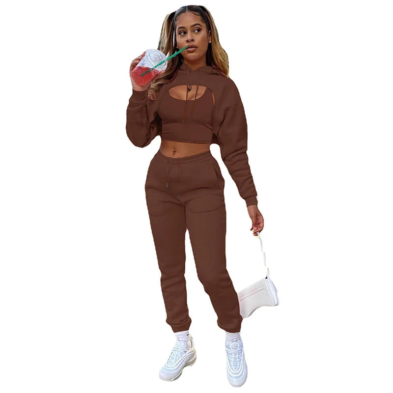 Women 3 Pieces Sets Sweatpants and Hoodie Set Cropped Tops Fleece Pants Suit Tracksuit Fitness Sport Jogger Outfit Clothing Brown