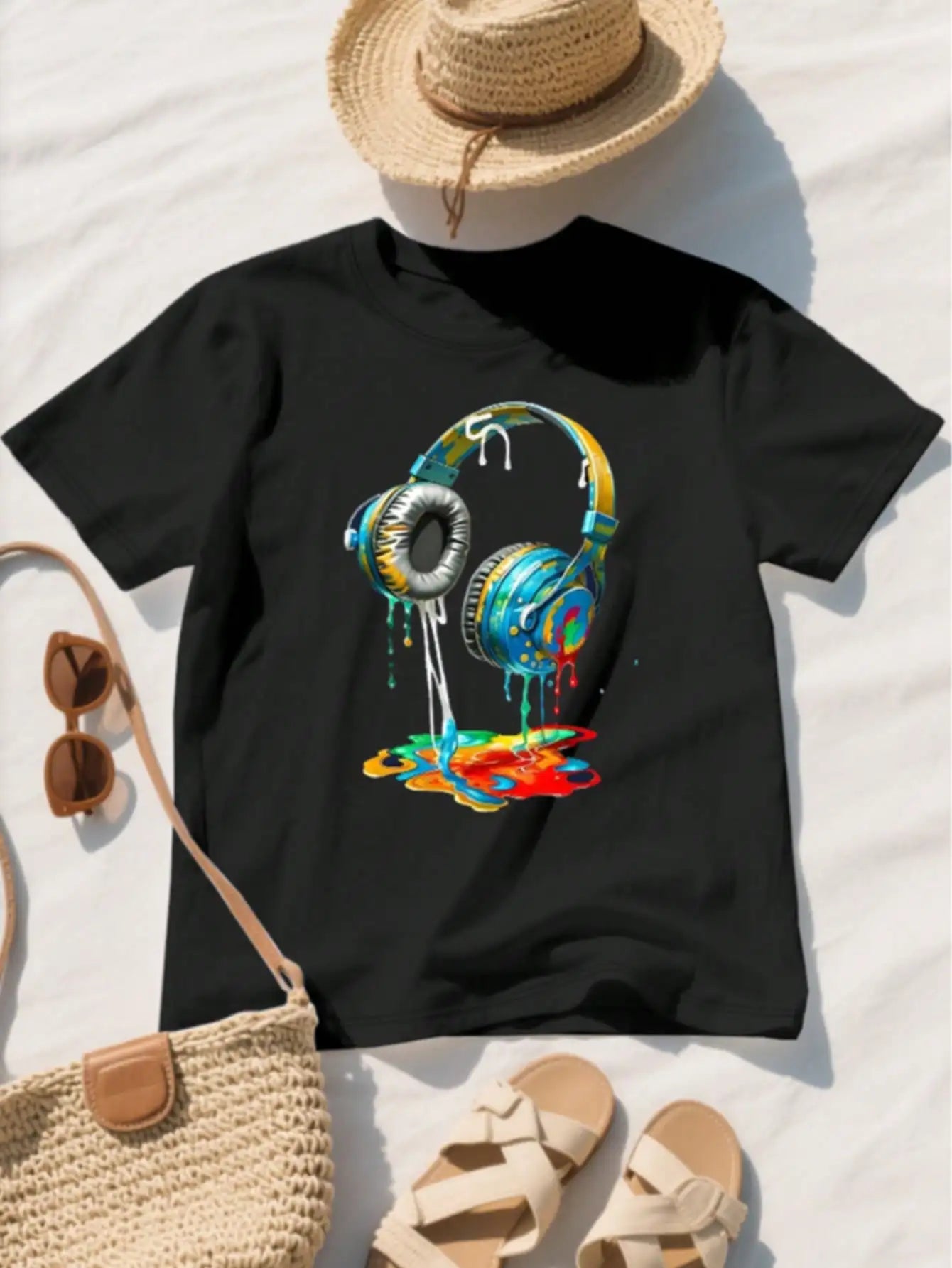 Plus Size Tops Women Clothes Round Neck Summer Outfits Cool Headphone with Dripping Colors Pattern Print Short Sleeved T-shirt black