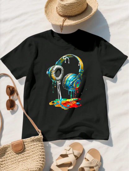 Plus Size Tops Women Clothes Round Neck Summer Outfits Cool Headphone with Dripping Colors Pattern Print Short Sleeved T-shirt black