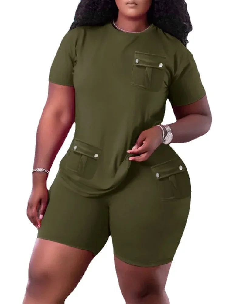 Women Two Piece Shorts Sets Solid Round Neck T Shirts Pockets Elastic Waist Short Trousers Suits Leisure Ladies 2025 Summer