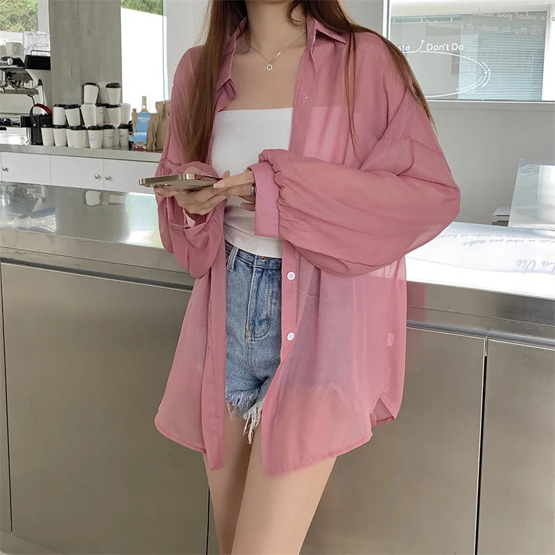 Semi Sheer Long Sleeve Shirt for Women Shimmer Button Down Collared Plain Lightweight Shirt Spring Summer Chic Tops Outfit