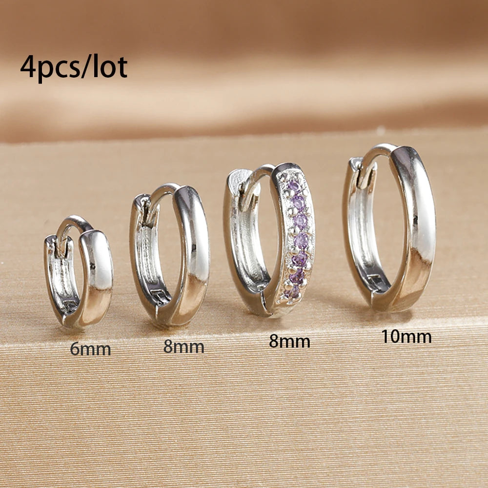 4PCS Set Stainless Steel Huggie Minimal Hoop Earrings 6/8/10mm Crystal Zirconia Helix Tragus Cartilage Earrings Piercing Jewelry Badiee Stylez
