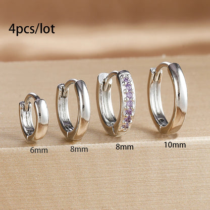 4PCS Set Stainless Steel Huggie Minimal Hoop Earrings 6/8/10mm Crystal Zirconia Helix Tragus Cartilage Earrings Piercing Jewelry Badiee Stylez