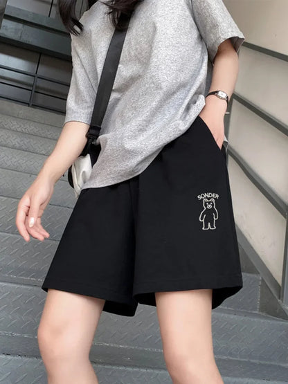 Loose Shorts Solid Pants For Women Streetwear Summer Clothes Cute Bear Printed Ropa De Mujer Elastic High Waist Casual Trousers Black Shorts