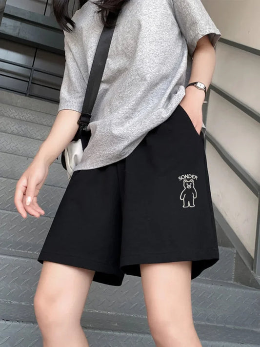 Loose Shorts Solid Pants For Women Streetwear Summer Clothes Cute Bear Printed Ropa De Mujer Elastic High Waist Casual Trousers Black Shorts