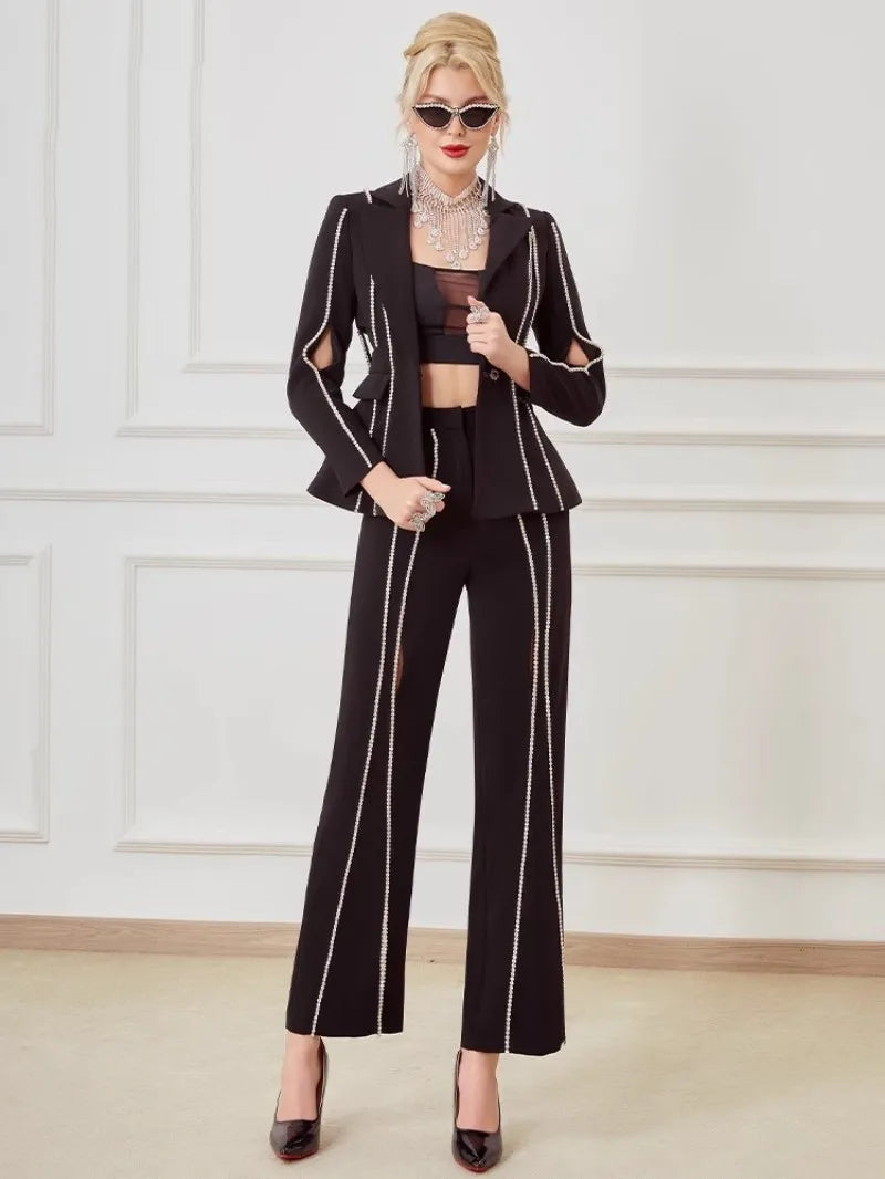 Designer Women Diamonds Hollow Out High Waist Slim Fit Blazers Top Straight Pants Two Piece Set Party Office Ladies Suits Set Badiee Stylez