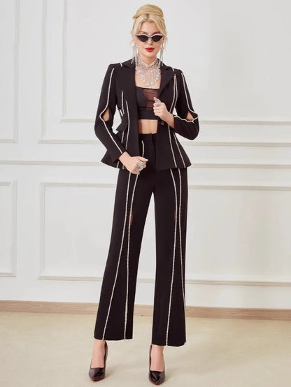 Designer Women Diamonds Hollow Out High Waist Slim Fit Blazers Top Straight Pants Two Piece Set Party Office Ladies Suits Set Badiee Stylez