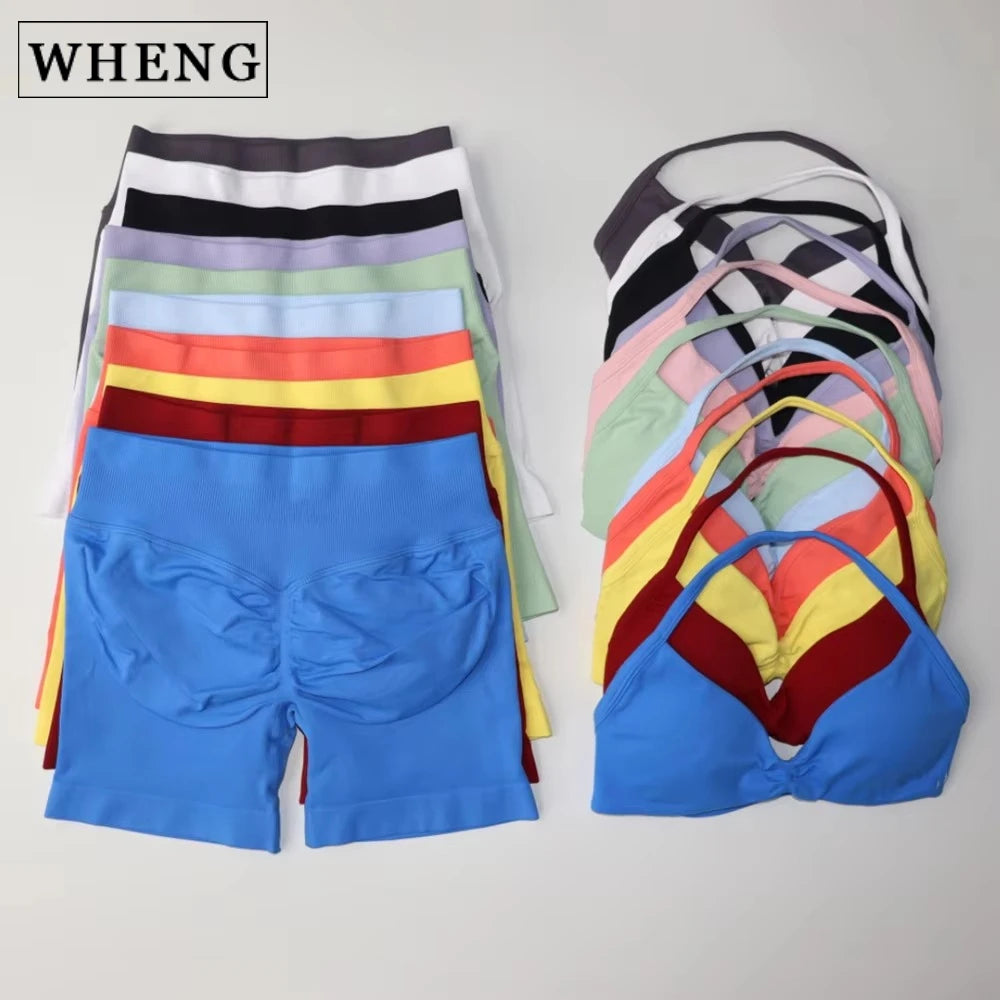 WHENG Gym Set 2 Piece Women Strappy Yoga Bra Top Workout Scrunch Shorts Sports Suit Fitness Clothes Seamless Yoga Set Badiee Stylez