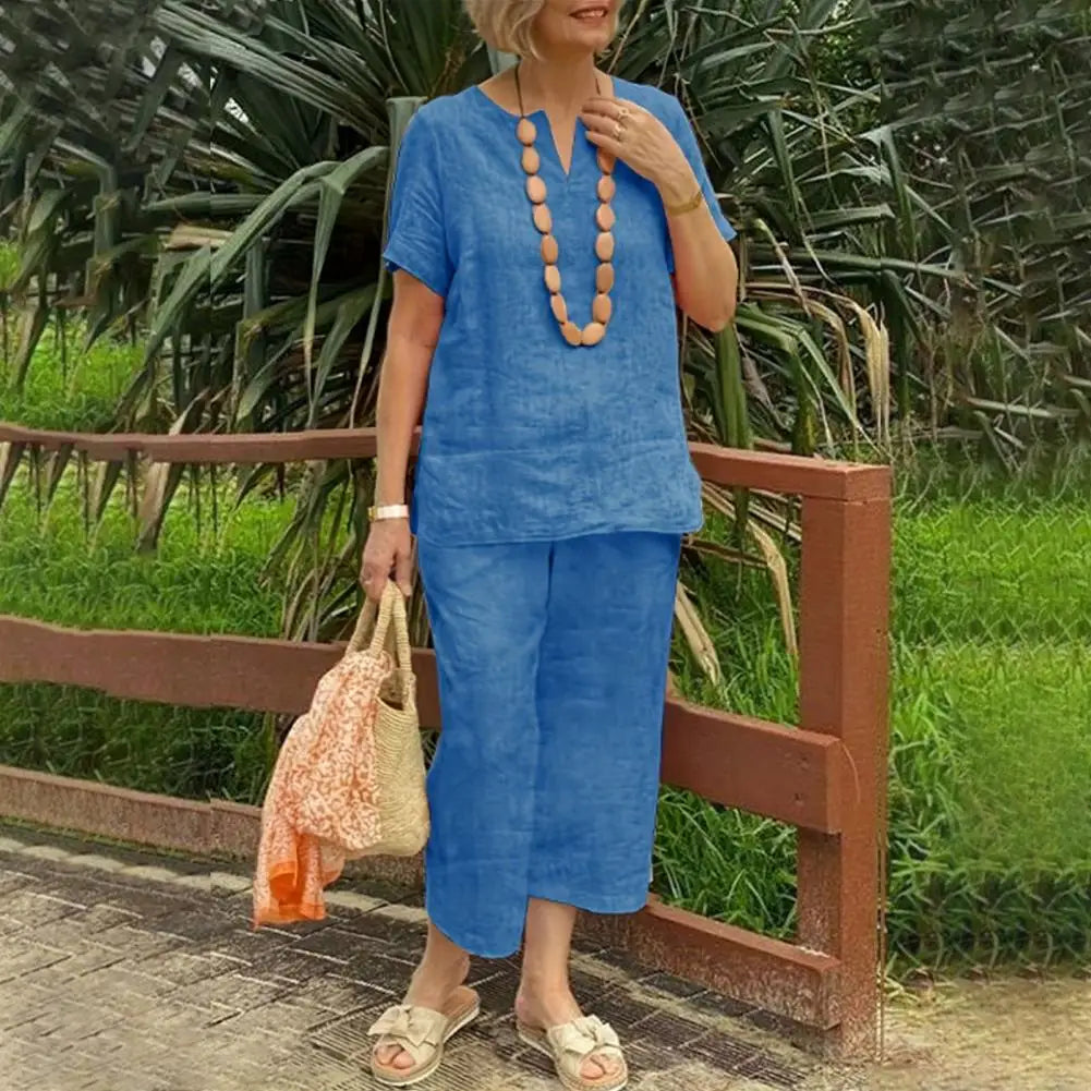 2Pcs Women Blouse Pants Set Solid Color Short Sleeve Loose Top Wide Leg Straight Pants Sets Casual Matching Tracksuit Outfit