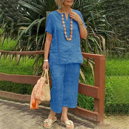 2Pcs Women Blouse Pants Set Solid Color Short Sleeve Loose Top Wide Leg Straight Pants Sets Casual Matching Tracksuit Outfit