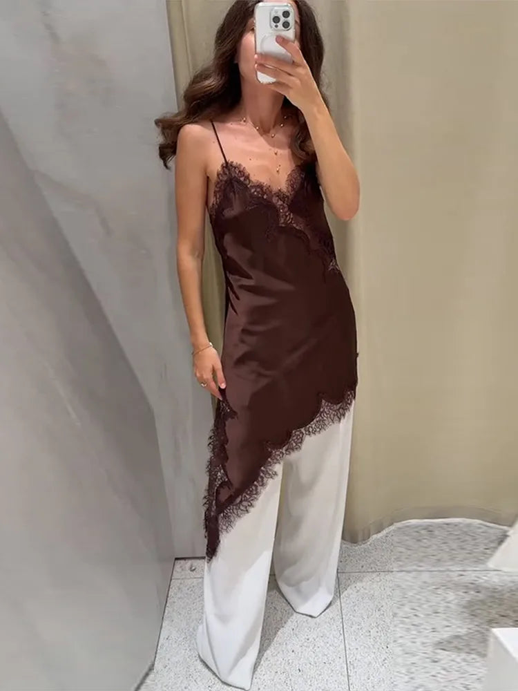 Sexy V-neck Sling Dress Women Fashion Sleeveless Lace Patchwork Irregular Mini Dresses 2025 Lady Summer Chic Casual Holiday Robe