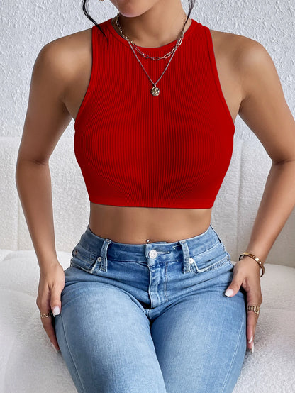 Solid Ribbed Crop Tank Top, Casual Sleeveless Basic Summer Top, Women's Clothing Red