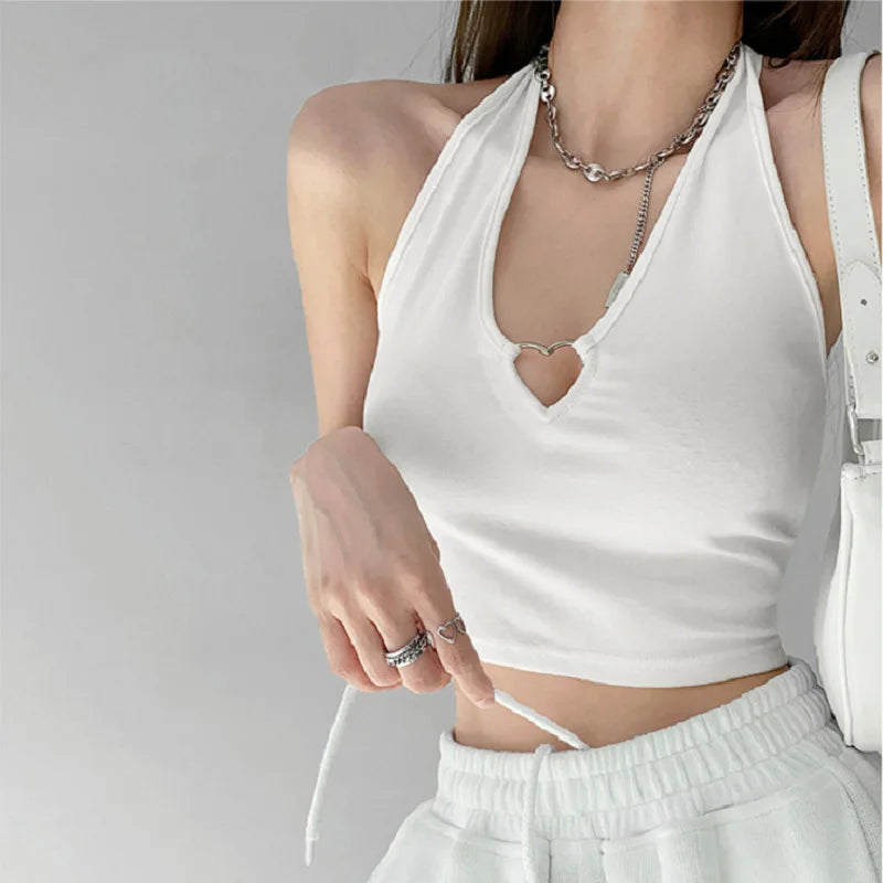Women V Neck Hearted Hollow Out Halter Camis Tank Tops Summer Fashion Slim Cropped Lace Up Camisole WHITE One Size