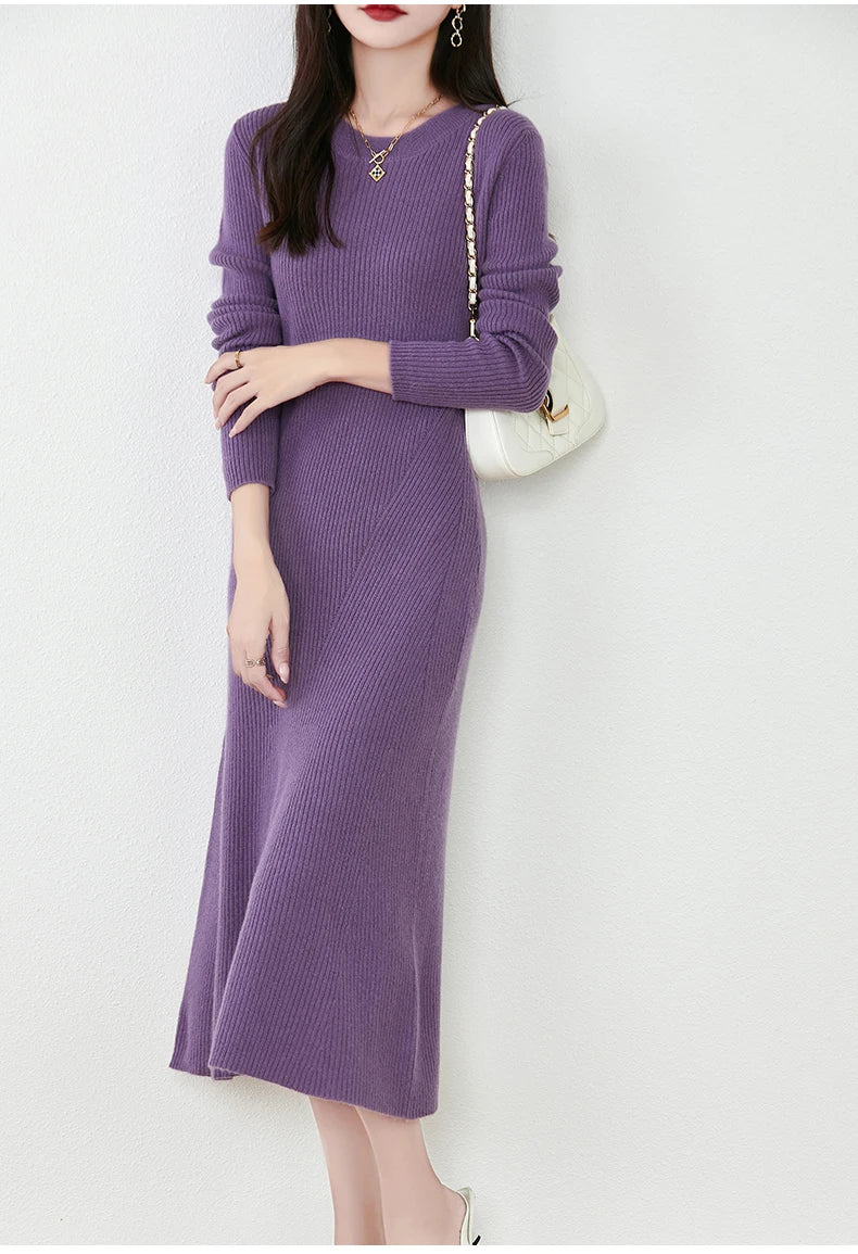 Women's Pure Wool Knitted Long Dress, Round Neck, Fishtail Skirt, Slim, Elegant, Casual, Fashionable, Sweater, 2024Autumn/Winter Badiee Stylez