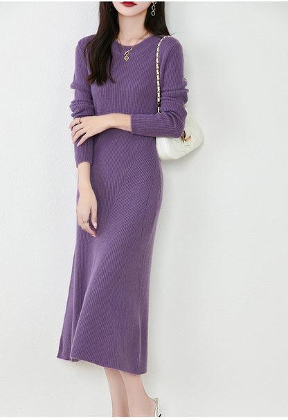 Women's Pure Wool Knitted Long Dress, Round Neck, Fishtail Skirt, Slim, Elegant, Casual, Fashionable, Sweater, 2024Autumn/Winter Badiee Stylez