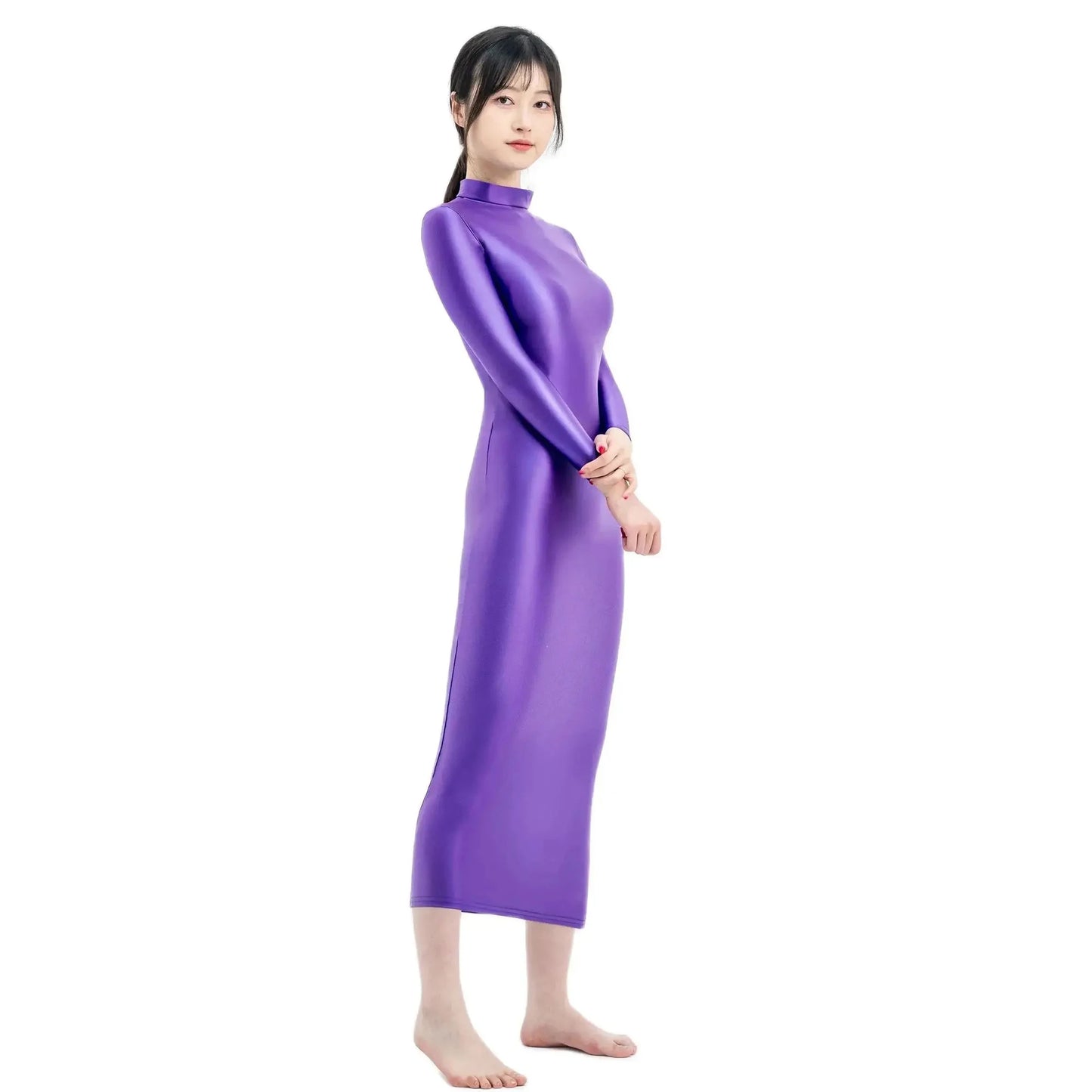 XCKNY Glossiness Series dress high neck long sleeve skirt silk longuette elastic silk tight skirt sports skirt sexy tight dress