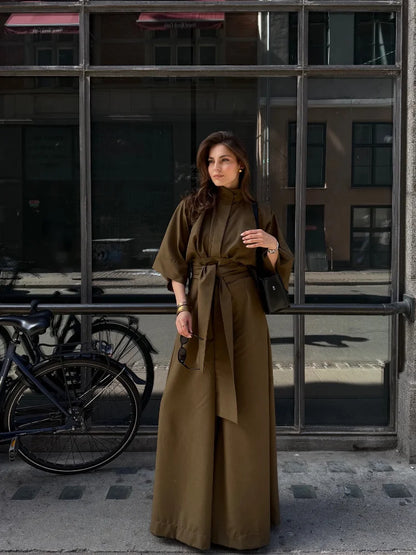 Linen Lace Up Women's Jumpsuit High V-neck Full Sleeve Top Loose Straight-leg Pants 2025 Summer Chic Female Casual Streetwear