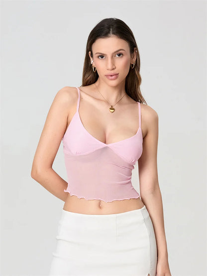 Women Camisole Tops Spaghetti Straps Tulle Patchwork Slim Fit Tank Tops Party Club Sexy Vinateg Corset Cropped Top Summer