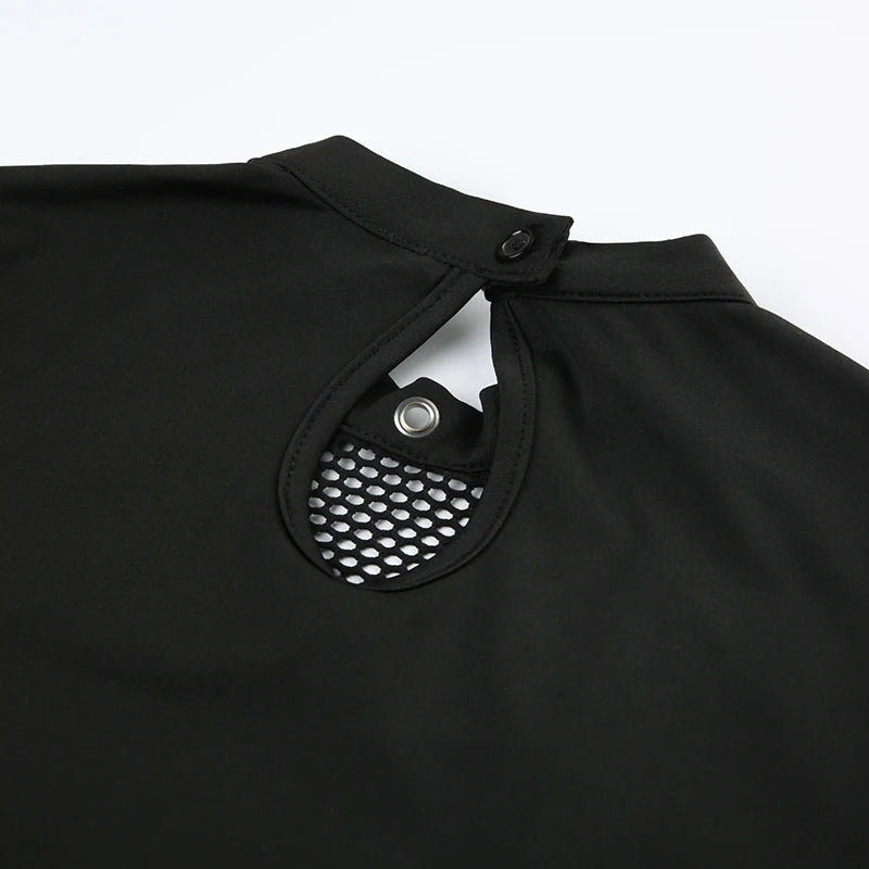 CIBBAR Gothic Black Crop Top Chic See Through Mesh Patchwork Full Sleeve Skinny Basic T-shirt Women Punk Style Stitched T Shirts