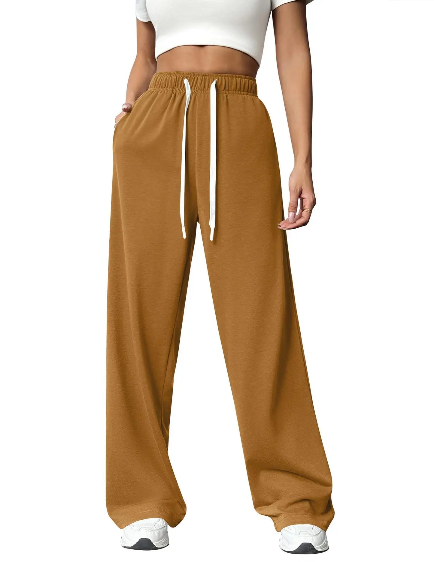 Casual Wide Leg Sports Pants for Women Casual Straight Leg Loose Solid Color Elastic Drawstring High Waisted Wide Leg Pants Earthy yellow
