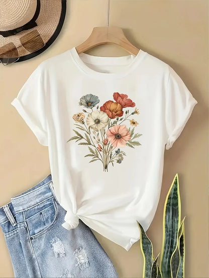 Floral Fashion Tee Breathable Women's Casual Fashion T-Shirt Crew Neck Short Sleeve Colorful Floral Women Fashion Summer Tee