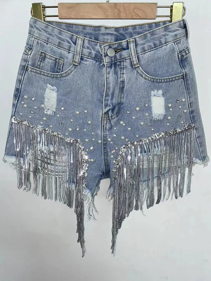 Summer Elegant Shorts Lady Tassel Beading High Waist Wide Leg Denim Shorts Female Casual Solid Shorts Jeans for Women Clothing image color