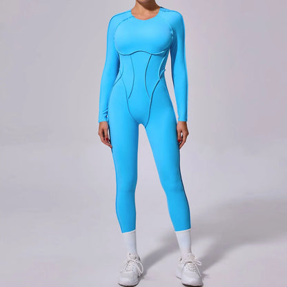 New Autumn/Winter Women's One-piece Yoga Jumpsuit leggings Long-sleeved Sexy Backless Slim Fit Sports Outfit SKY BLUE