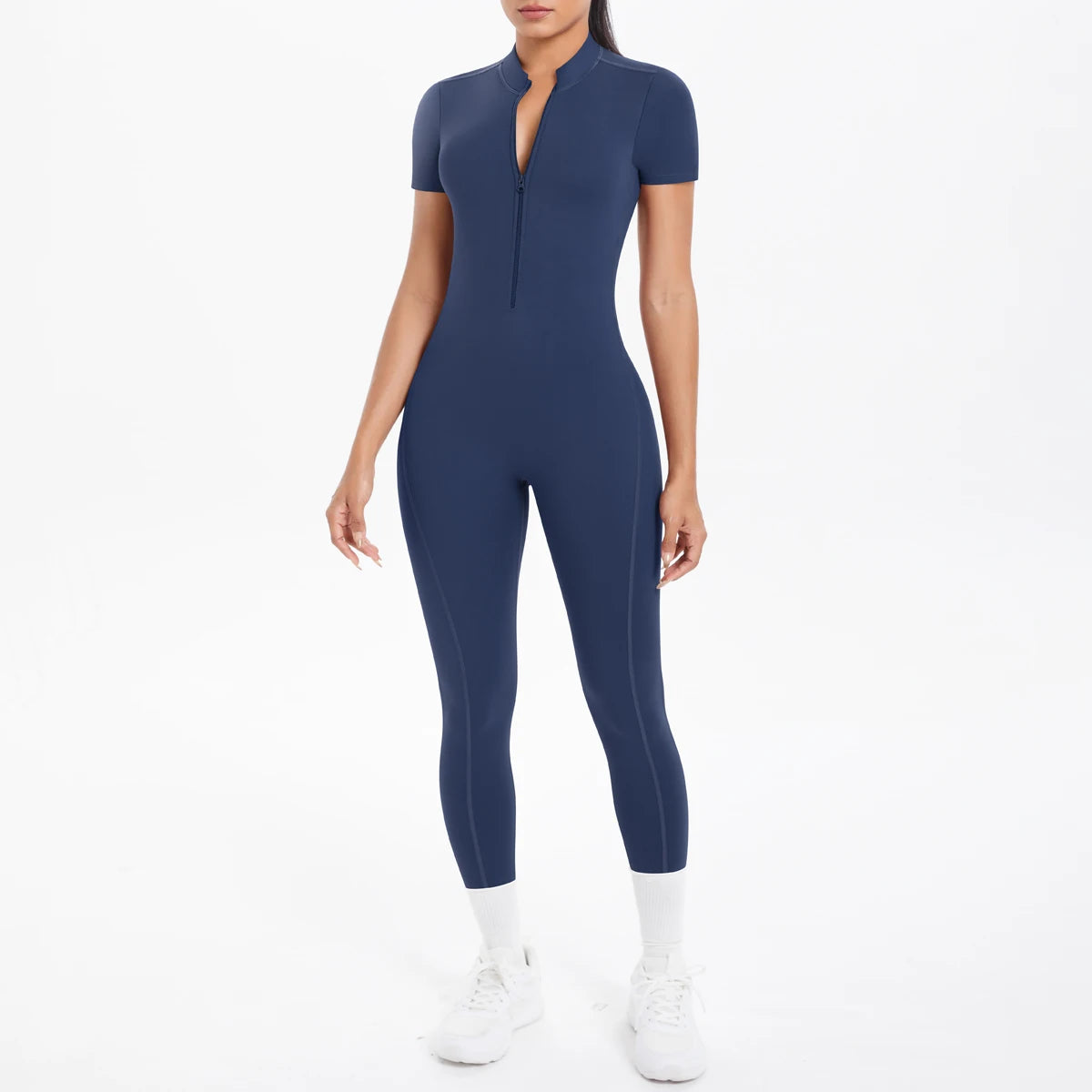 Short Sleeved Fitness Jumpsuit for Woman Bodysuits Backless Solid Color Scrunch One-Piece Suit Half Zipper Gym Yoga Sets Womens