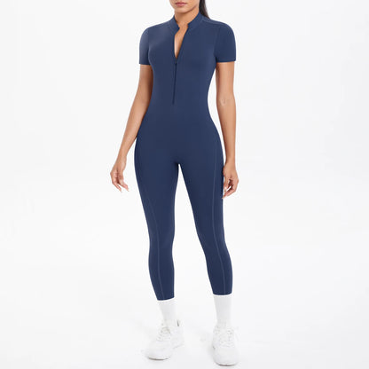 Short Sleeved Fitness Jumpsuit for Woman Bodysuits Backless Solid Color Scrunch One-Piece Suit Half Zipper Gym Yoga Sets Womens