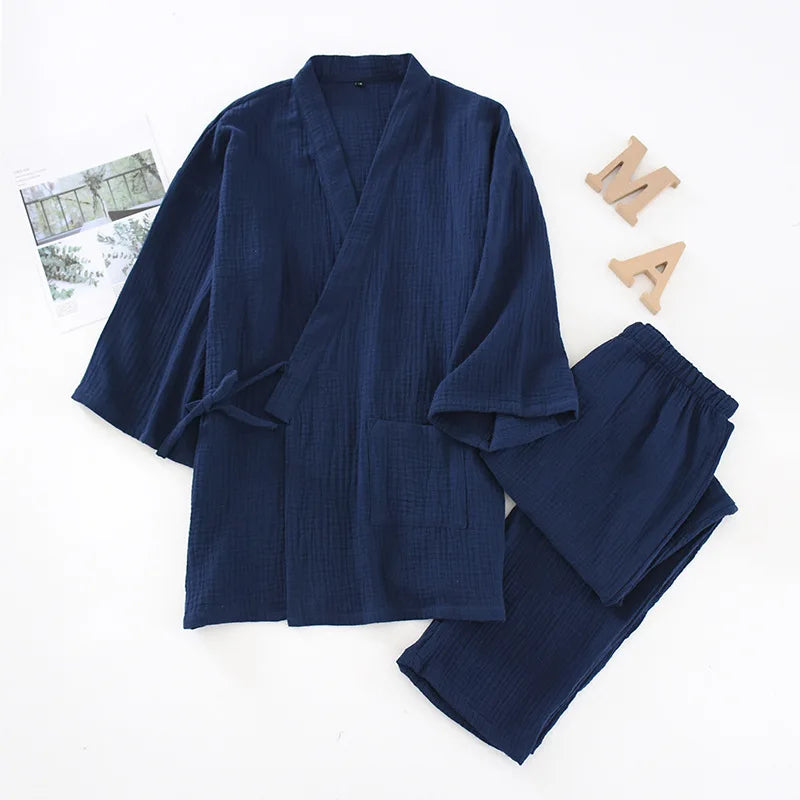 2025 Japanese Kimono Set 100%Cotton Pajamas Two-piece Couple Yukata Loose Men's And Women's Sweat Steaming Suit Home Service Set Male 03