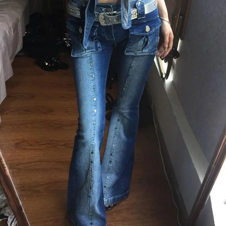 Millennium Y2k Pocket Rivet Micro Flare Jeans Vintage High Street Micro Flare Jeans Harajuku Style Hip Hop Y2k Pants Streetwear 01