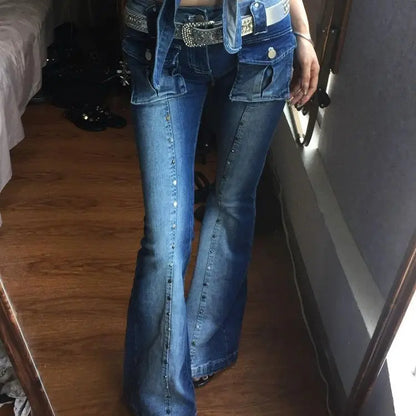 Millennium Y2k Pocket Rivet Micro Flare Jeans Vintage High Street Micro Flare Jeans Harajuku Style Hip Hop Y2k Pants Streetwear 01