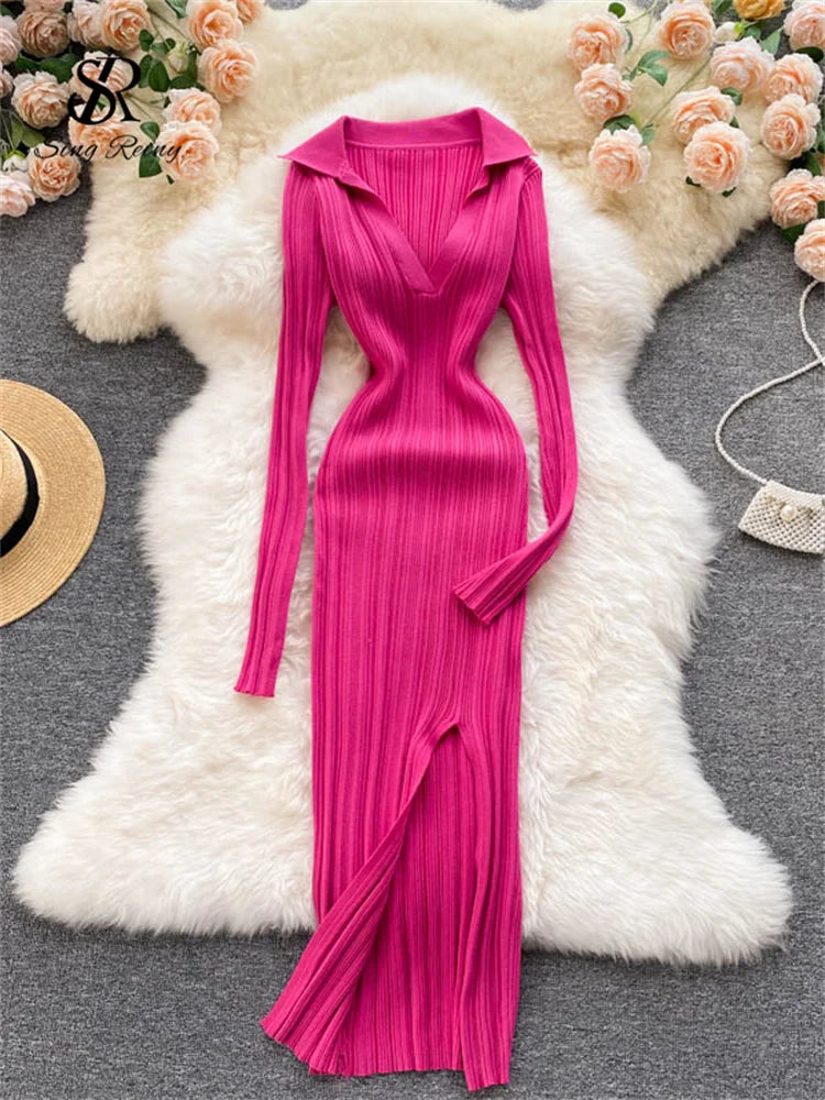 SINGREINY Women Korean Knitted Dress Long Sleeve V Neck Elastic Slim Pencil Dresses 2021 Autumn Sexy Bodycon Split Sweater Dress rose red One Size