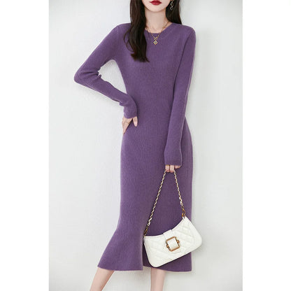 Women's Pure Wool Knitted Long Dress, Round Neck, Fishtail Skirt, Slim, Elegant, Casual, Fashionable, Sweater, 2024Autumn/Winter Badiee Stylez