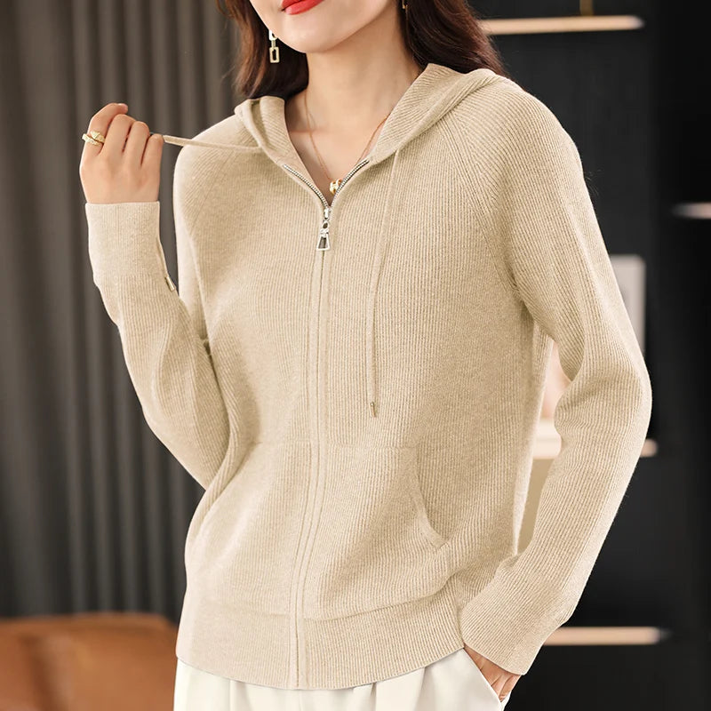 Women Cardigans Autumn Winter Turn-down Collar Zip Front Cardigan Thick Loose Sweater Basic Warm Knit Casual Korean Outerwear beige